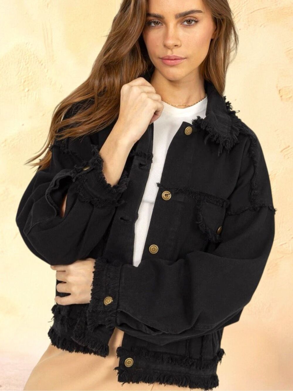 Black Oversized Raw Hem Denim Shacket Jacket Frayed Trucker Button Up HYFVE L - Picture 7 of 15